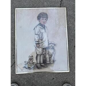 Vintage 1986 Framed Picture Little Sailor By Robert Gentry (Boy & Dog) gold